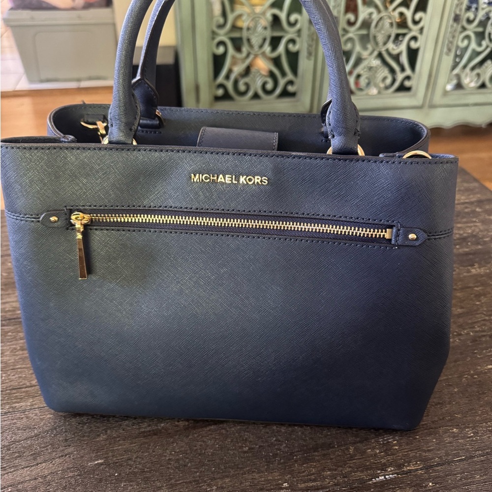 Michael Kors Dark Blue Satchel with Gold Accents